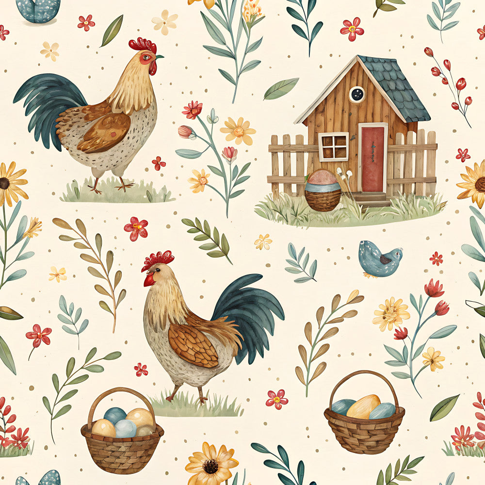 farmhouse, rooster, chicken, cottage, eggs, basket, floral, botanical, nature, spring, garden, countryside, rustic, whimsical, vintage, cream, beige, sage green, teal blue, burnt orange, red, sunflower, wildflowers, leaves, branches, birds, pastoral, homespun, traditional, easter