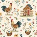 farmhouse, rooster, chicken, cottage, eggs, basket, floral, botanical, nature, spring, garden, countryside, rustic, whimsical, vintage, cream, beige, sage green, teal blue, burnt orange, red, sunflower, wildflowers, leaves, branches, birds, pastoral, homespun, traditional, easter