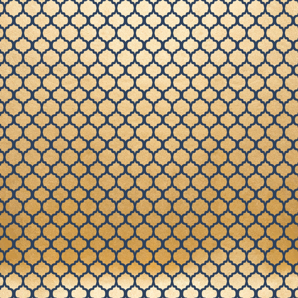 navy blue, gold, quatrefoil pattern, geometric design, moroccan motif, repeating pattern, ornate shapes, interlocking design, metallic gold, deep blue, arabesque pattern, decorative motif, lattice design, elegant pattern,, fabric panel, celebration theme, luxurious colors, seamless repeat, intricate geometry