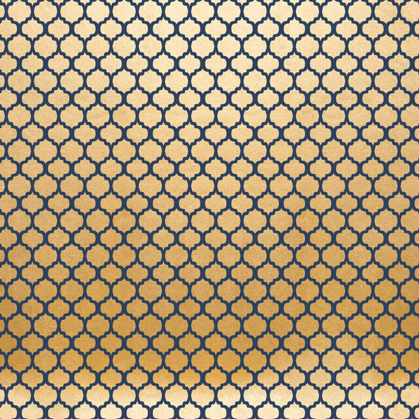 navy blue, gold, quatrefoil pattern, geometric design, moroccan motif, repeating pattern, ornate shapes, interlocking design, metallic gold, deep blue, arabesque pattern, decorative motif, lattice design, elegant pattern,, fabric panel, celebration theme, luxurious colors, seamless repeat, intricate geometry