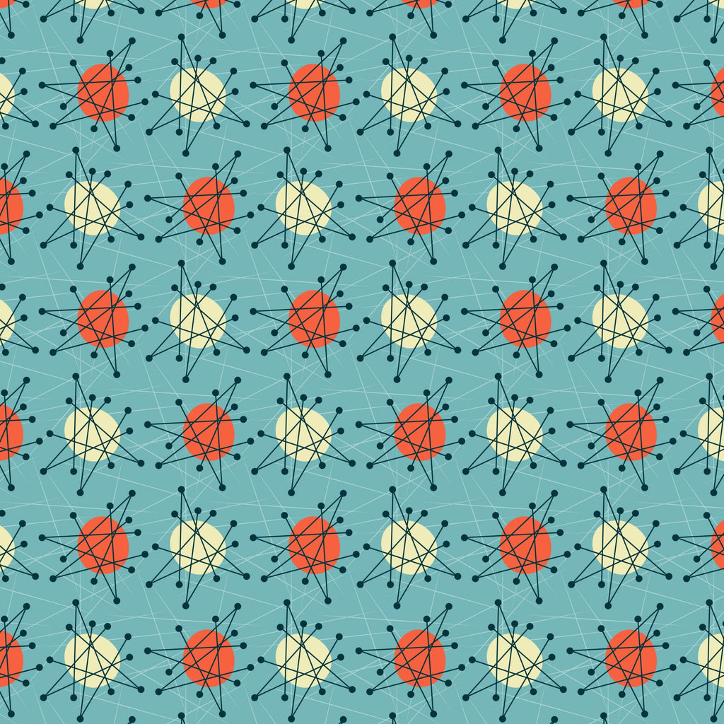 teal background, orange circles, cream circles, atomic starburst, mid-century modern, retro pattern, geometric design, radiating lines, connected dots, molecular structure, space age, vintage inspired,, fabric panel, turquoise blue, coral orange, pale yellow, scientific motif, 1950s style, repeating pattern