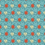 teal background, orange circles, cream circles, atomic starburst, mid-century modern, retro pattern, geometric design, radiating lines, connected dots, molecular structure, space age, vintage inspired,, fabric panel, turquoise blue, coral orange, pale yellow, scientific motif, 1950s style, repeating pattern