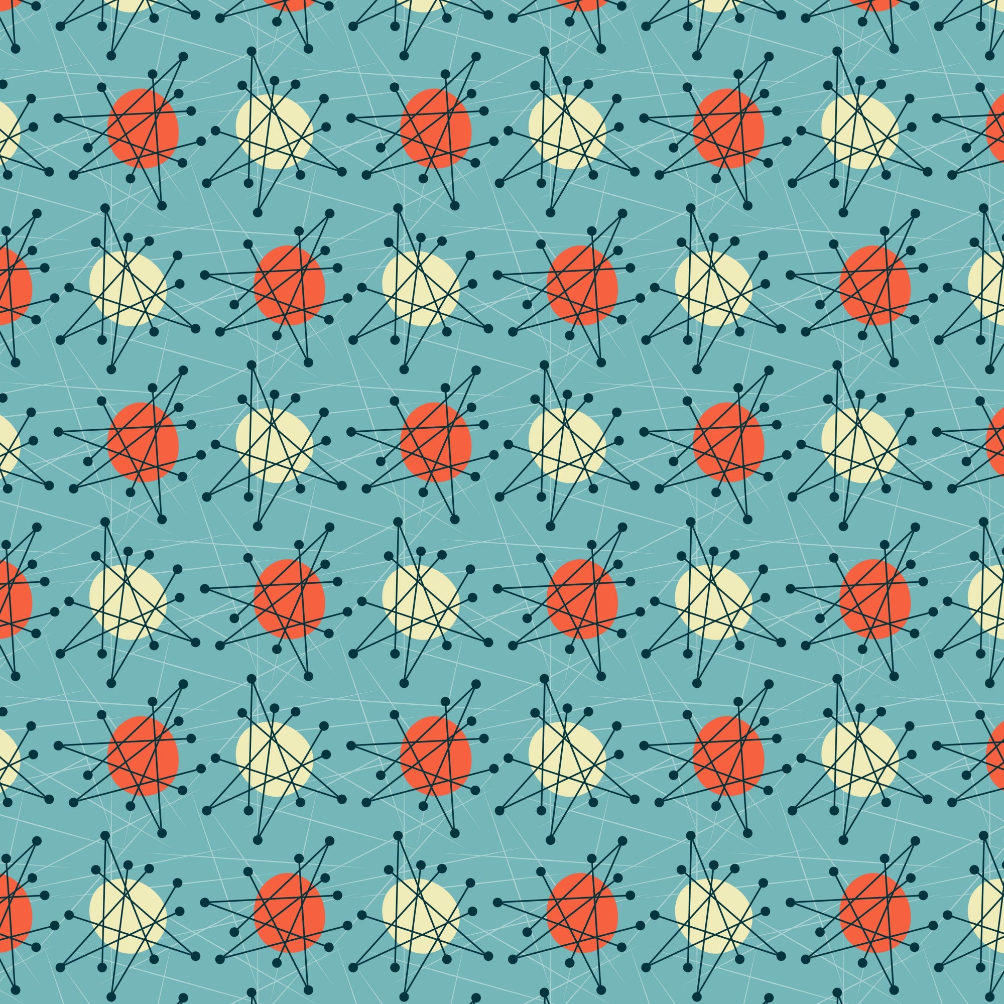 teal background, orange circles, cream circles, atomic starburst, mid-century modern, retro pattern, geometric design, radiating lines, connected dots, molecular structure, space age, vintage inspired,, fabric panel, turquoise blue, coral orange, pale yellow, scientific motif, 1950s style, repeating pattern