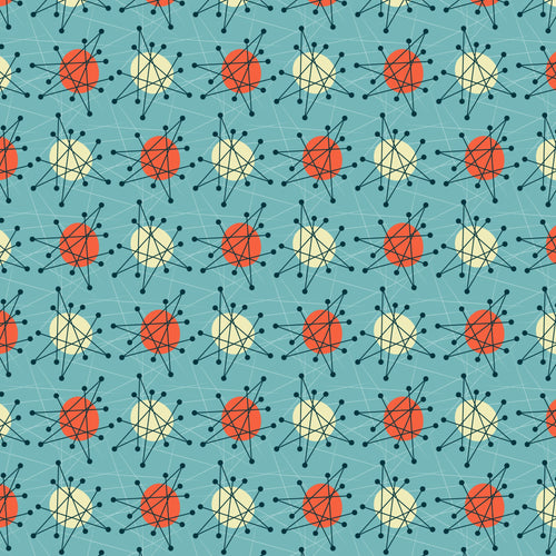 teal background, orange circles, cream circles, atomic starburst, mid-century modern, retro pattern, geometric design, radiating lines, connected dots, molecular structure, space age, vintage inspired, quilting cotton, fabric panel, turquoise blue, coral orange, pale yellow, scientific motif, 1950s style, repeating pattern