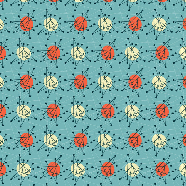 teal background, orange circles, cream circles, atomic starburst, mid-century modern, retro pattern, geometric design, radiating lines, connected dots, molecular structure, space age, vintage inspired, quilting cotton, fabric panel, turquoise blue, coral orange, pale yellow, scientific motif, 1950s style, repeating pattern
