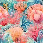 coral reef, underwater scene, ocean life, sea coral, pink coral, orange coral, blue coral, teal water, marine ecosystem, tropical colors, watercolor style, aquatic pattern,, fabric panel, vibrant colors, coral polyps, sea anemone, underwater garden, ocean floor, coastal theme