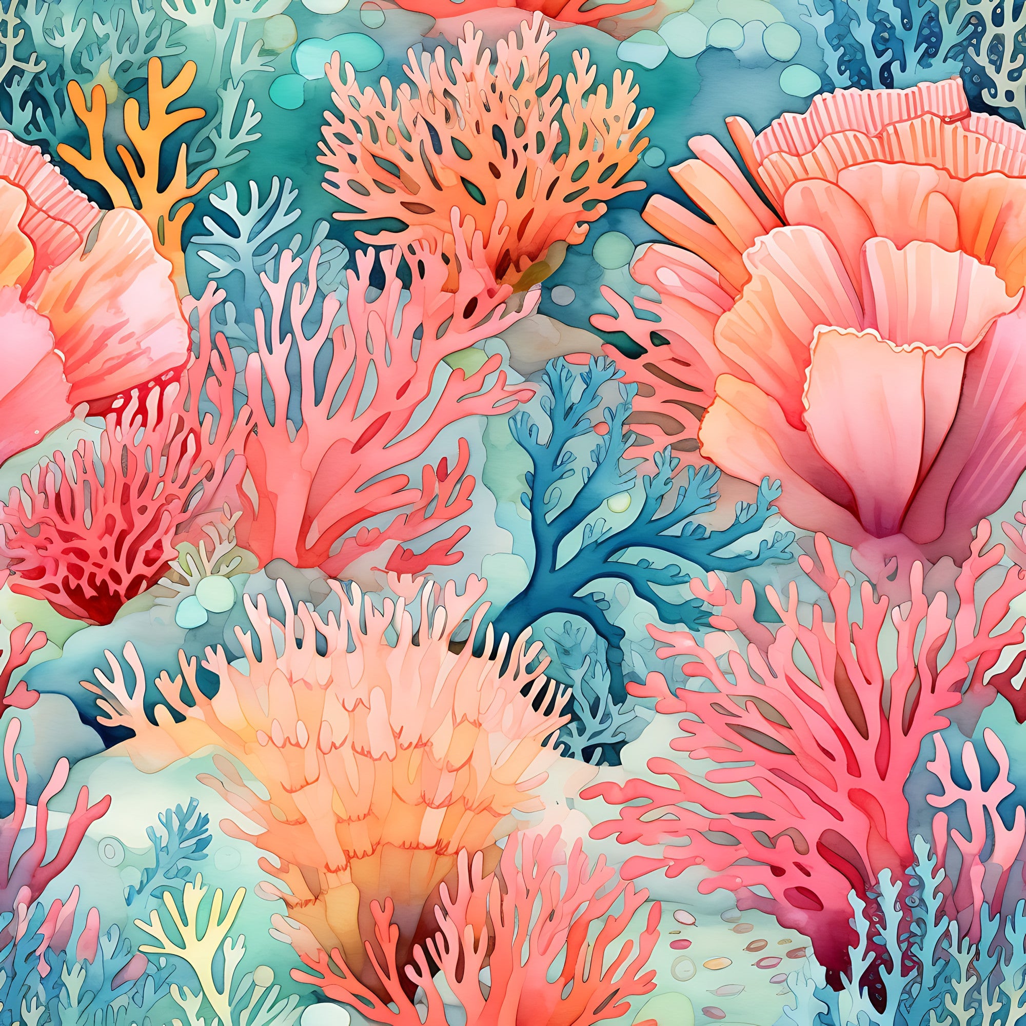 coral reef, underwater scene, ocean life, sea coral, pink coral, orange coral, blue coral, teal water, marine ecosystem, tropical colors, watercolor style, aquatic pattern,, fabric panel, vibrant colors, coral polyps, sea anemone, underwater garden, ocean floor, coastal theme