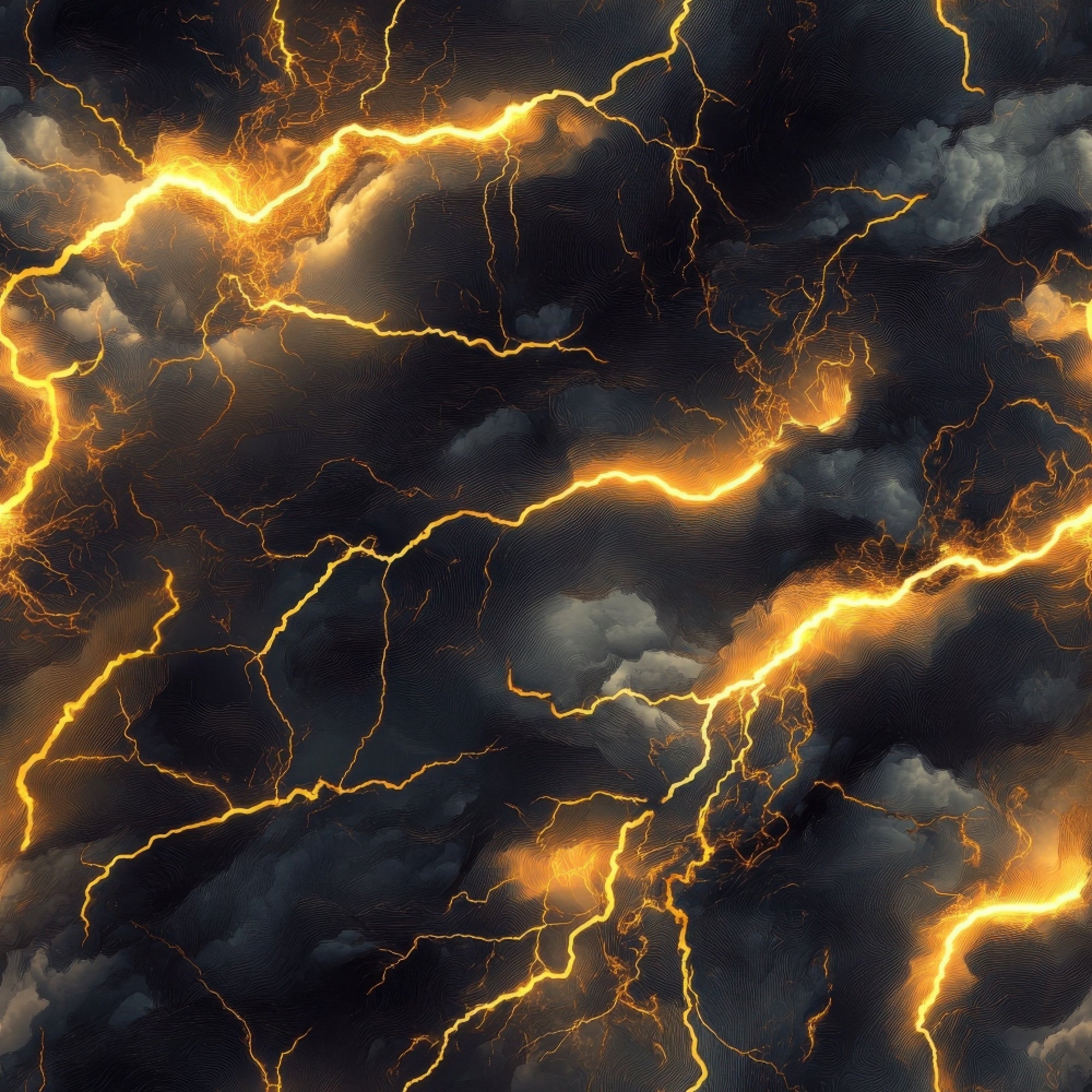 golden yellow, bright orange, dark navy, storm clouds, lightning bolts, thunderstorm, electrical discharge, dramatic sky, stormy weather,, fabric panel, nature scene, powerful energy, illuminated clouds, jagged lightning, atmospheric, moody sky, electric patterns, weather phenomenon, cotton fabric