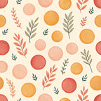 coral pink, burnt orange, dusty rose, cream, sage green, navy blue, warm autumn tones, botanical, floral, circular motifs, leaf sprigs, nature-inspired, whimsical, modern botanical, rustic elegance, bohemian, autumn aesthetic, fall colors, abstract circles, organic shapes, geometric botanicals, natural elements, warm and cozy, vintage botanical, nursery decor, kids room, playroom, gender neutral, natural palette, earthy tones