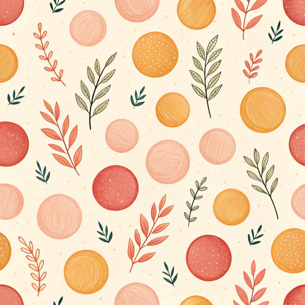 coral pink, burnt orange, dusty rose, cream, sage green, navy blue, warm autumn tones, botanical, floral, circular motifs, leaf sprigs, nature-inspired, whimsical, modern botanical, rustic elegance, bohemian, autumn aesthetic, fall colors, abstract circles, organic shapes, geometric botanicals, natural elements, warm and cozy, vintage botanical, nursery decor, kids room, playroom, gender neutral, natural palette, earthy tones