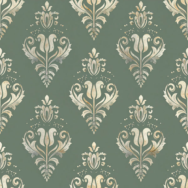 sage green, cream, beige, damask, floral, ornamental, elegant, vintage, traditional, botanical, scrolls, flourishes, classical, sophisticated, decorative, upholstery style, timeless, ornate, transitional, formal, botanical motifs, symmetrical, shell motifs, leaf details, dot accents, neutral tones, classic design, french inspired, victorian style, home decor