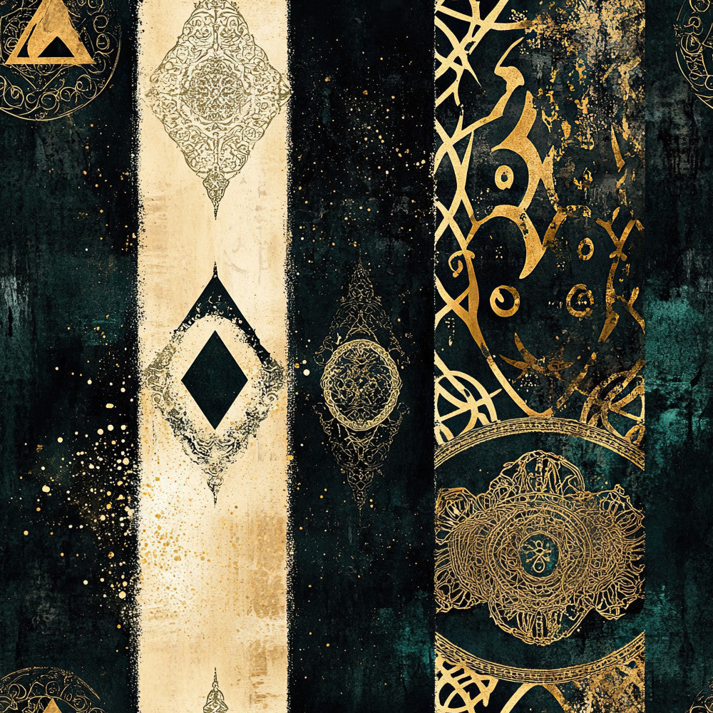 forest green, teal, dark teal, gold, cream, ivory, ornamental, geometric, mandala, damask, paisley, ornate, elegant, luxurious, sophisticated, vintage, celestial, mystical, bohemian, moroccan, islamic art, intricate patterns, metallic accents, dark and moody, jewel tones, ornamental designs, decorative medallions, arabesque, baroque, gothic elegance