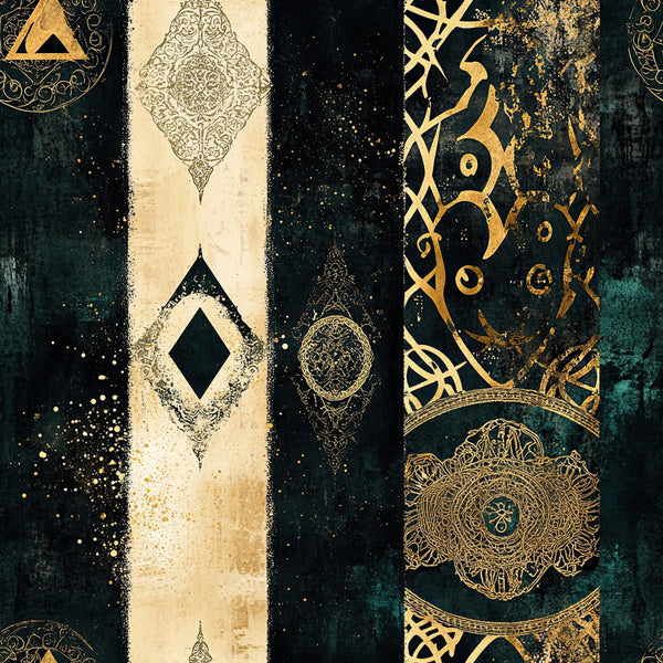forest green, teal, dark teal, gold, cream, ivory, ornamental, geometric, mandala, damask, paisley, ornate, elegant, luxurious, sophisticated, vintage, celestial, mystical, bohemian, moroccan, islamic art, intricate patterns, metallic accents, dark and moody, jewel tones, ornamental designs, decorative medallions, arabesque, baroque, gothic elegance