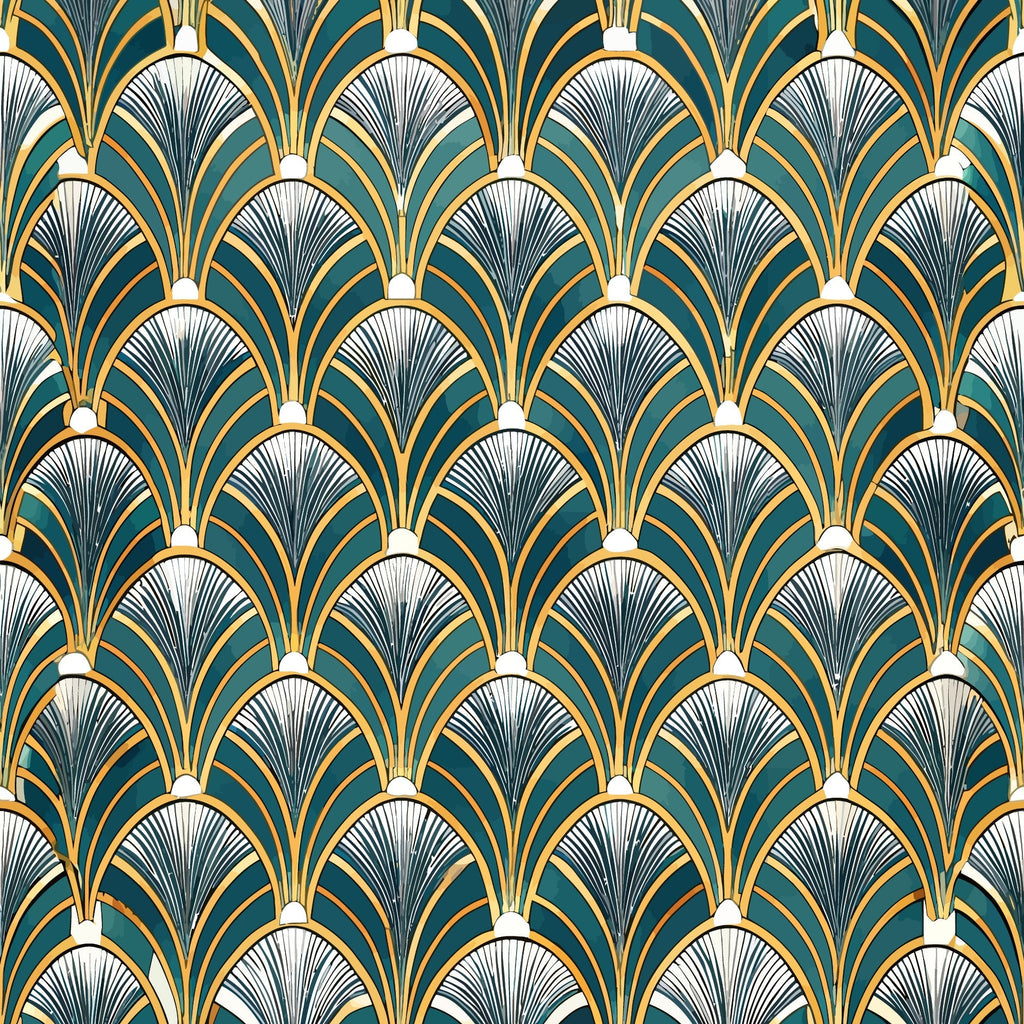 art deco, geometric pattern, fan motifs, emerald green, gold accents, black details, white highlights, repeating design, vintage style, luxurious, ornamental, decorative motifs, scale pattern, overlapping fans,, fabric panel, 1920s inspired, elegant design, symmetrical pattern, radial lines