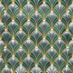 art deco, geometric pattern, fan motifs, emerald green, gold accents, black details, white highlights, repeating design, vintage style, luxurious, ornamental, decorative motifs, scale pattern, overlapping fans,, fabric panel, 1920s inspired, elegant design, symmetrical pattern, radial lines