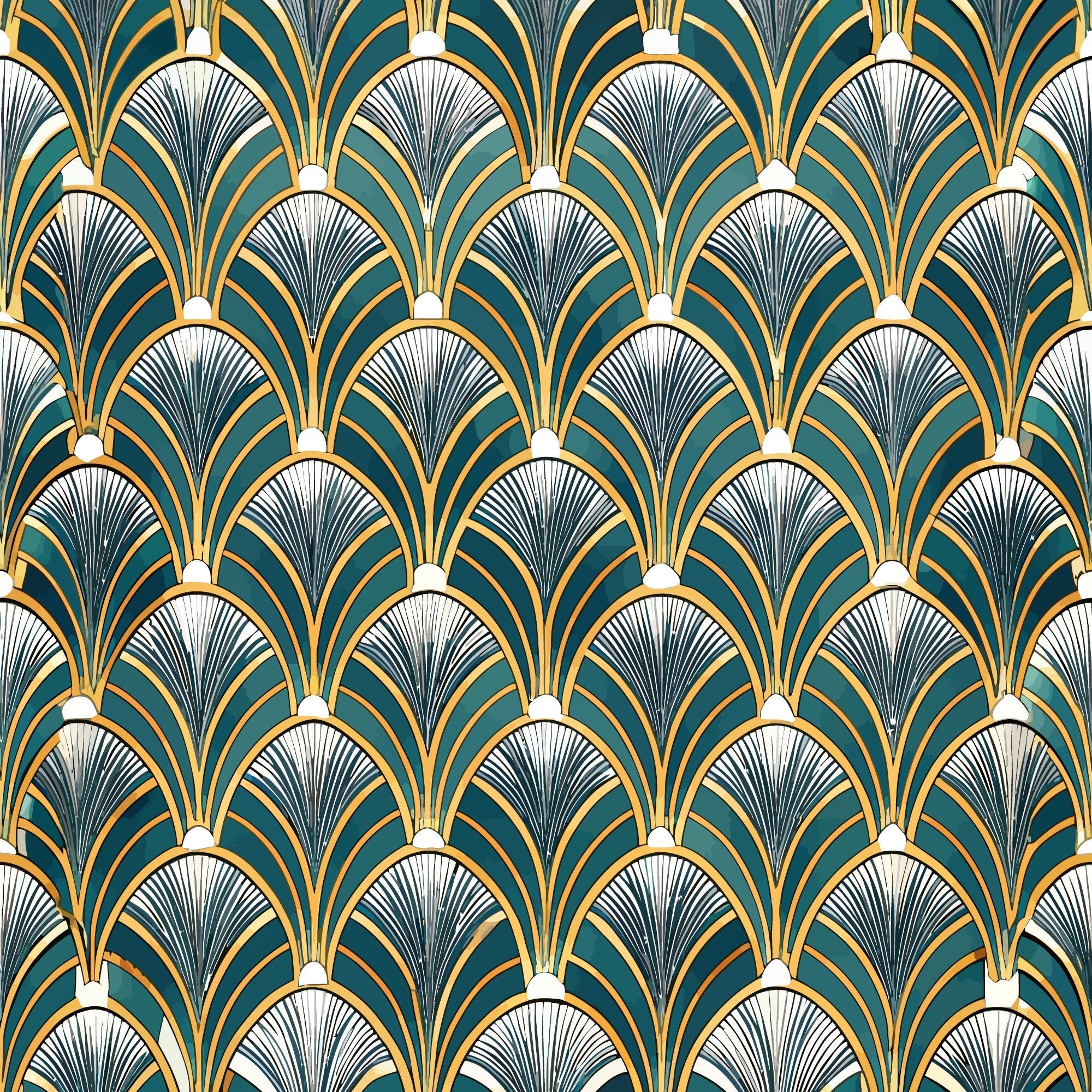 art deco, geometric pattern, fan motifs, emerald green, gold accents, black details, white highlights, repeating design, vintage style, luxurious, ornamental, decorative motifs, scale pattern, overlapping fans,, fabric panel, 1920s inspired, elegant design, symmetrical pattern, radial lines