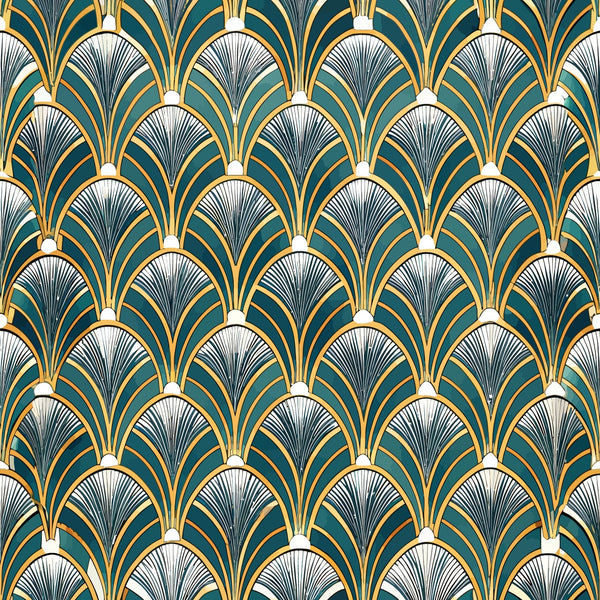 art deco, geometric pattern, fan motifs, emerald green, gold accents, black details, white highlights, repeating design, vintage style, luxurious, ornamental, decorative motifs, scale pattern, overlapping fans,, fabric panel, 1920s inspired, elegant design, symmetrical pattern, radial lines