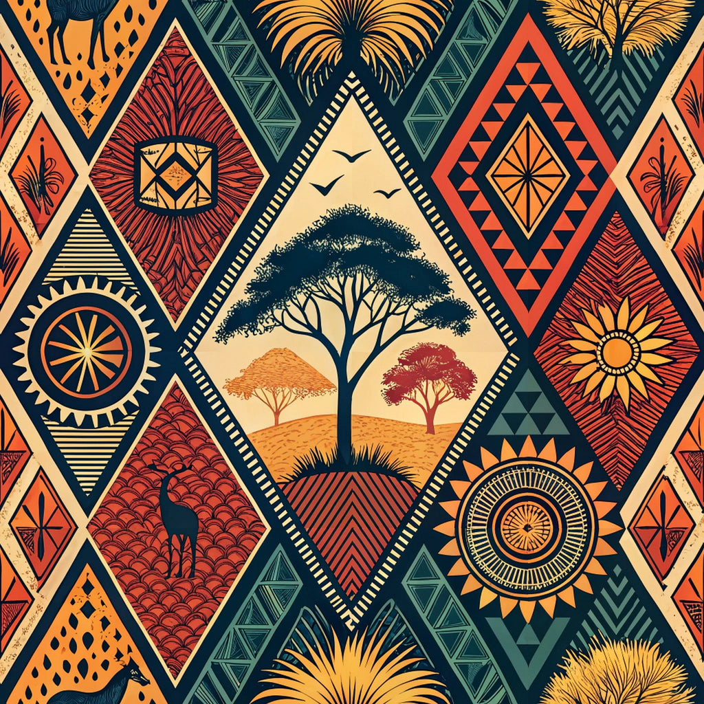 african tribal, geometric patterns, diamond shapes, triangular motifs, orange, rust red, teal, cream, navy blue, acacia trees, savanna landscape, birds silhouettes, palm fronds, circular mandalas, chevron stripes,, fabric panel, ethnic design, warm earth tones, stylized nature