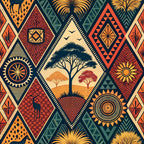 african tribal, geometric patterns, diamond shapes, triangular motifs, orange, rust red, teal, cream, navy blue, acacia trees, savanna landscape, birds silhouettes, palm fronds, circular mandalas, chevron stripes,, fabric panel, ethnic design, warm earth tones, stylized nature