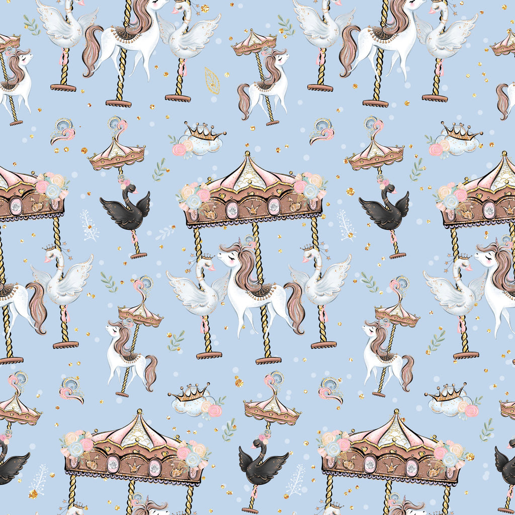 soft blue background, unicorns, carousel horses, merry-go-round, whimsical pattern, pastel colors, pink accents, brown details, white unicorns, flying birds, crowns, swings, dreamy atmosphere, fantasy theme, children's fabric,, repeating pattern, magical creatures, fairytale motifs, nursery fabric