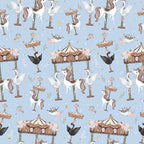 soft blue background, unicorns, carousel horses, merry-go-round, whimsical pattern, pastel colors, pink accents, brown details, white unicorns, flying birds, crowns, swings, dreamy atmosphere, fantasy theme, children's fabric,, repeating pattern, magical creatures, fairytale motifs, nursery fabric