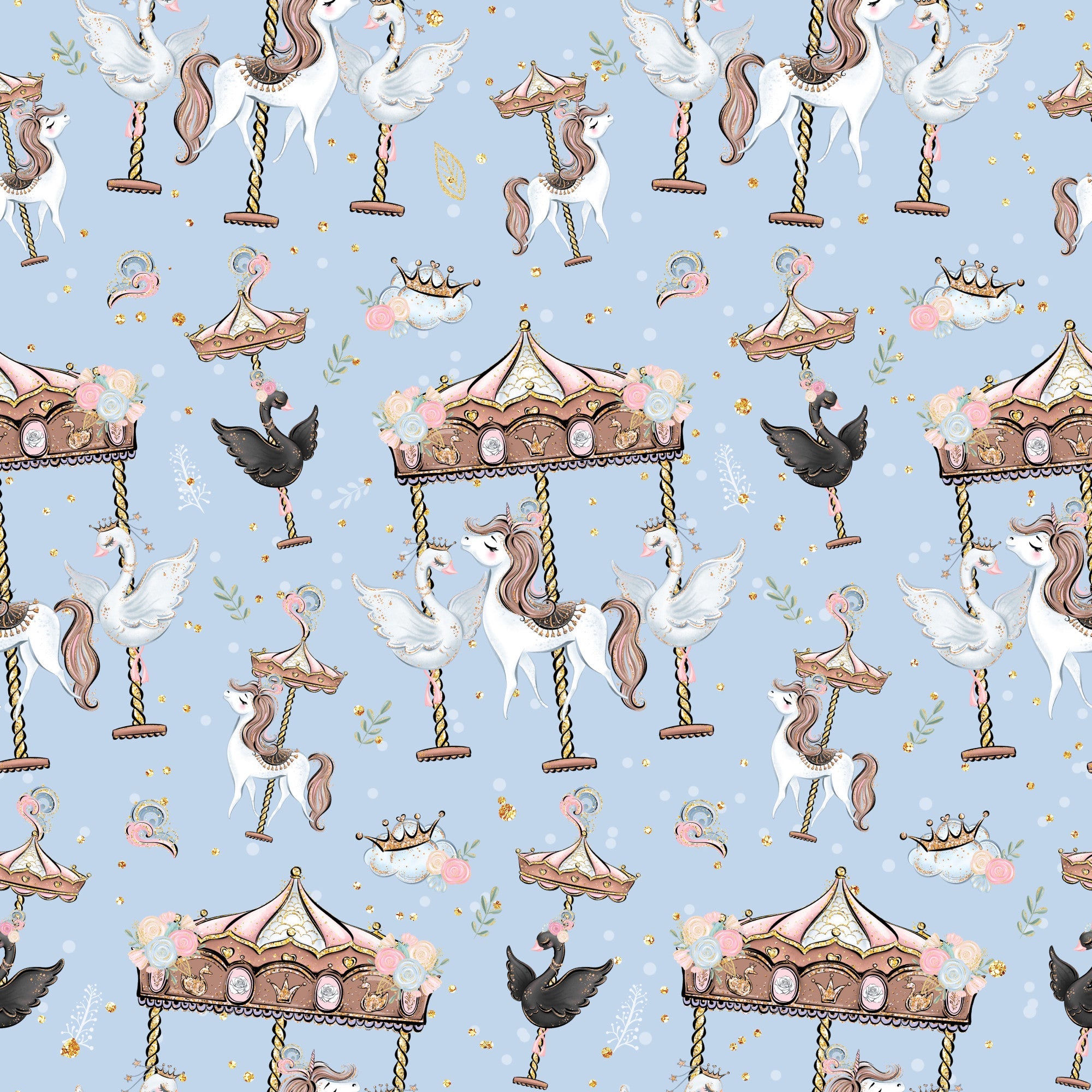 soft blue background, unicorns, carousel horses, merry-go-round, whimsical pattern, pastel colors, pink accents, brown details, white unicorns, flying birds, crowns, swings, dreamy atmosphere, fantasy theme, children's fabric,, repeating pattern, magical creatures, fairytale motifs, nursery fabric