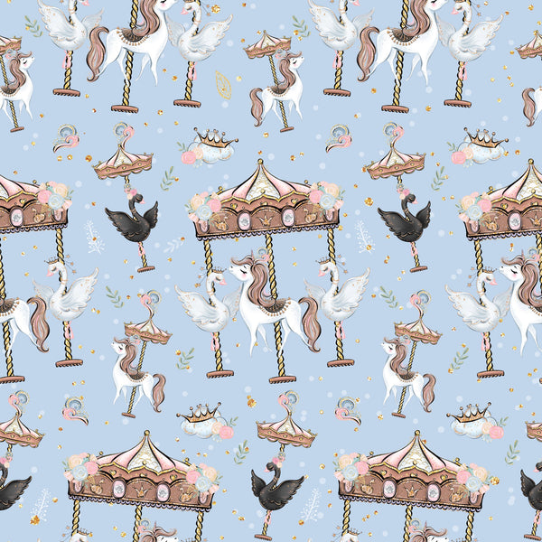 soft blue background, unicorns, carousel horses, merry-go-round, whimsical pattern, pastel colors, pink accents, brown details, white unicorns, flying birds, crowns, swings, dreamy atmosphere, fantasy theme, children's fabric,, repeating pattern, magical creatures, fairytale motifs, nursery fabric