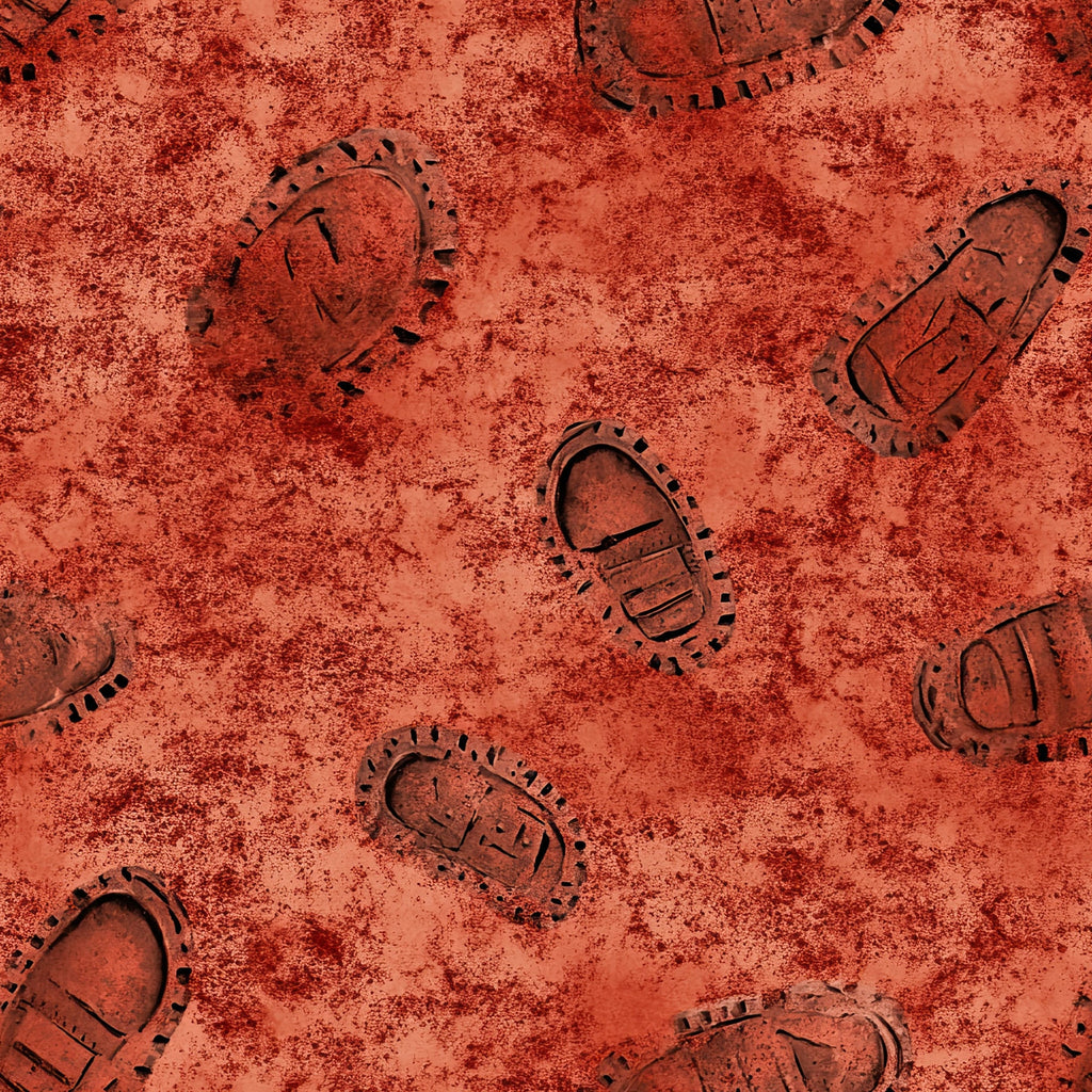 red, rust colored, orange, boot prints, footprints, western boots, cowboy boots, dusty ground, desert sand, western theme, ranch life, cowboy culture,, fabric panel, textured surface, scattered pattern, outdoor adventure, rustic style, earthy tones, southwestern design