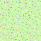 rainbow sprinkles, colorful dashes, green background, lime green, pastel colors, pink sprinkles, blue sprinkles, white sprinkles, coral sprinkles, purple sprinkles, scattered pattern, confetti design, sweet treats, bakery theme, cheerful mood, whimsical style,, fabric panel, bright colors, playful pattern
