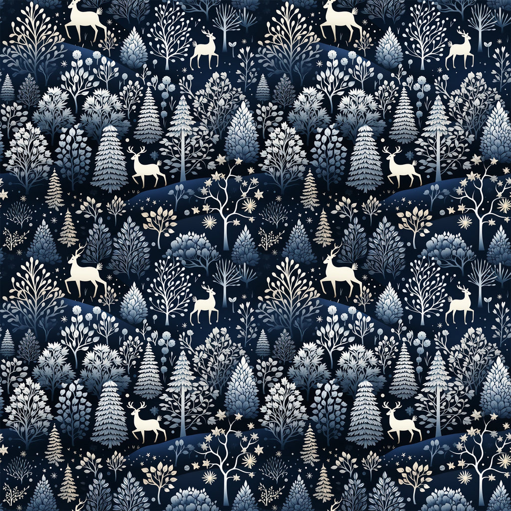 delft blue, navy background, winter forest, deer silhouettes, evergreen trees, pine trees, botanical motifs, folk art style, scandinavian design,, fabric panel, winter wonderland, woodland creatures, snowflakes, starry night, monochromatic blue, nature pattern, whimsical illustration, crafting material