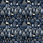 delft blue, navy background, winter forest, deer silhouettes, evergreen trees, pine trees, botanical motifs, folk art style, scandinavian design,, fabric panel, winter wonderland, woodland creatures, snowflakes, starry night, monochromatic blue, nature pattern, whimsical illustration, crafting material
