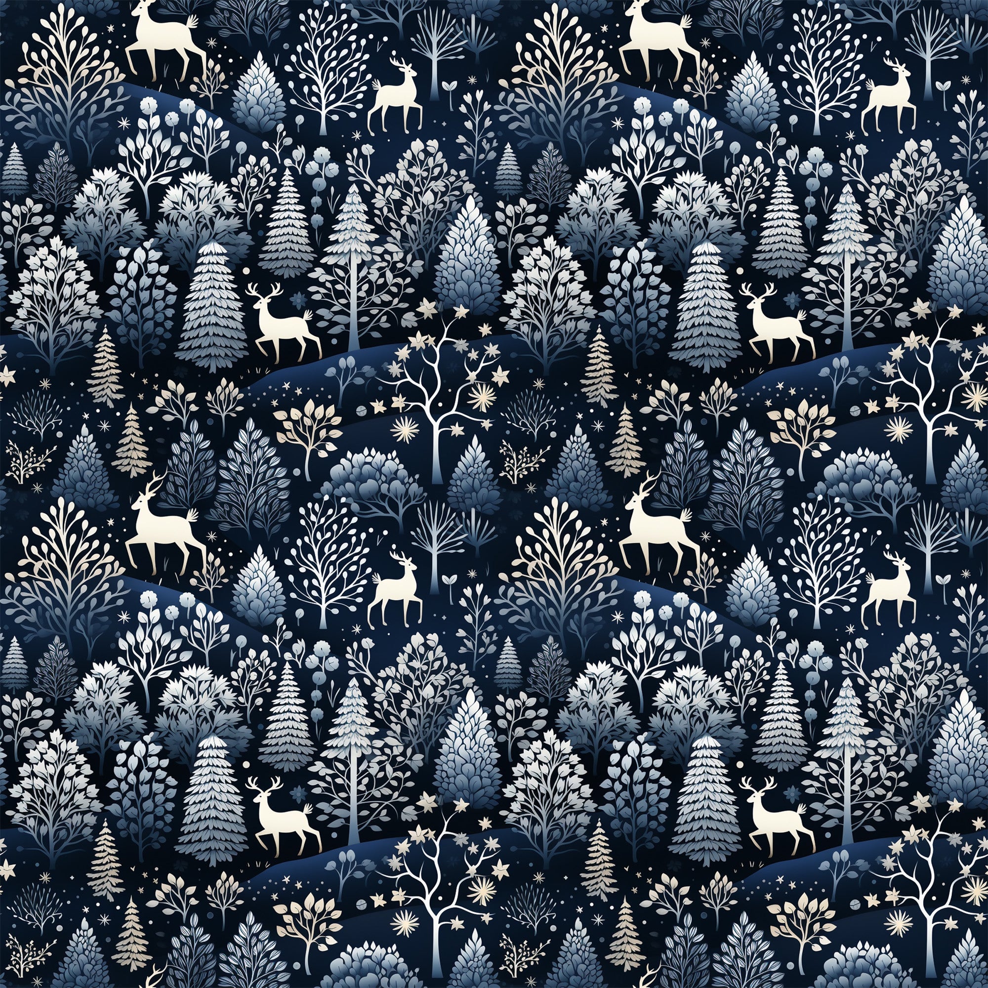 delft blue, navy background, winter forest, deer silhouettes, evergreen trees, pine trees, botanical motifs, folk art style, scandinavian design,, fabric panel, winter wonderland, woodland creatures, snowflakes, starry night, monochromatic blue, nature pattern, whimsical illustration, crafting material