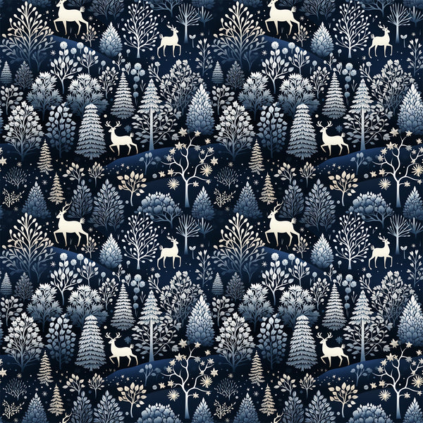 delft blue, navy background, winter forest, deer silhouettes, evergreen trees, pine trees, botanical motifs, folk art style, scandinavian design,, fabric panel, winter wonderland, woodland creatures, snowflakes, starry night, monochromatic blue, nature pattern, whimsical illustration, crafting material