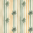sage green, cream, beige, tan, golden yellow, striped, floral, botanical, vintage, elegant, spring, garden, nature, flower buds, delicate blooms, soft pastels, traditional, timeless, nursery, baby, feminine, romantic, cottage core, botanical illustration, multi-colored stripes, layered florals, gentle, soothing, classic design