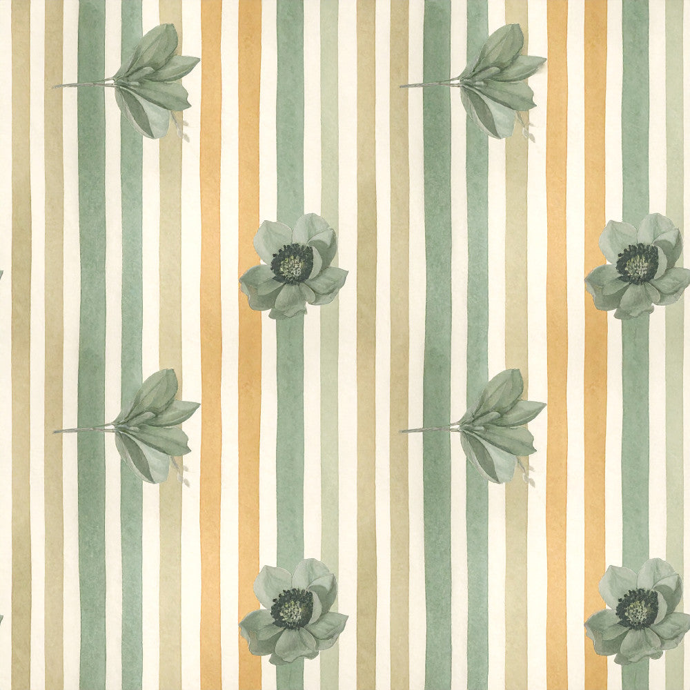 sage green, cream, beige, tan, golden yellow, striped, floral, botanical, vintage, elegant, spring, garden, nature, flower buds, delicate blooms, soft pastels, traditional, timeless, nursery, baby, feminine, romantic, cottage core, botanical illustration, multi-colored stripes, layered florals, gentle, soothing, classic design