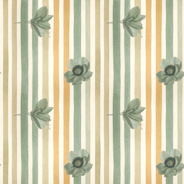 sage green, cream, beige, tan, golden yellow, striped, floral, botanical, vintage, elegant, spring, garden, nature, flower buds, delicate blooms, soft pastels, traditional, timeless, nursery, baby, feminine, romantic, cottage core, botanical illustration, multi-colored stripes, layered florals, gentle, soothing, classic design