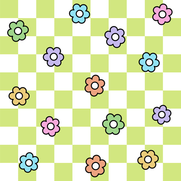 colorful flowers, bright flowers, floral design, geometric squares, checkerboard pattern, pastel colors, soft colors, lime green, white, baby blue, light blue, lavender purple, pink flowers, coral orange, golden yellow, spring colors, cheerful design, playful pattern, whimsical style, fun pattern, kids design, children's fabric, nursery decor, toddler theme, playroom design, bright and cheerful, multi-colored flowers, simple flowers, cute flowers, modern floral