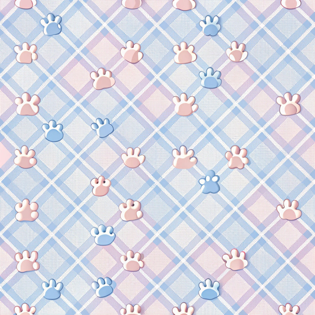 dog paws, paw prints, pastel blue, soft pink, lavender purple, white, diamond pattern, checkered background, plaid design,, fabric panel, pet themed, cute animals, nursery fabric, baby quilt, soft colors, geometric shapes, repeating pattern, crafting material, sewing fabric