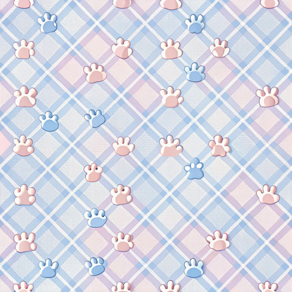 dog paws, paw prints, pastel blue, soft pink, lavender purple, white, diamond pattern, checkered background, plaid design,, fabric panel, pet themed, cute animals, nursery fabric, baby quilt, soft colors, geometric shapes, repeating pattern, crafting material, sewing fabric