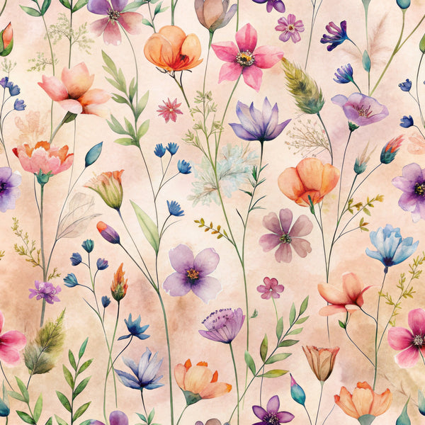 watercolor flowers, wildflowers, botanical pattern, pastel pink, coral orange, lavender purple, soft blue, sage green, delicate stems, meadow flowers, whimsical florals,, fabric panel, spring blooms, feminine design, scattered florals, translucent petals, garden botanicals, crafting material, soft background