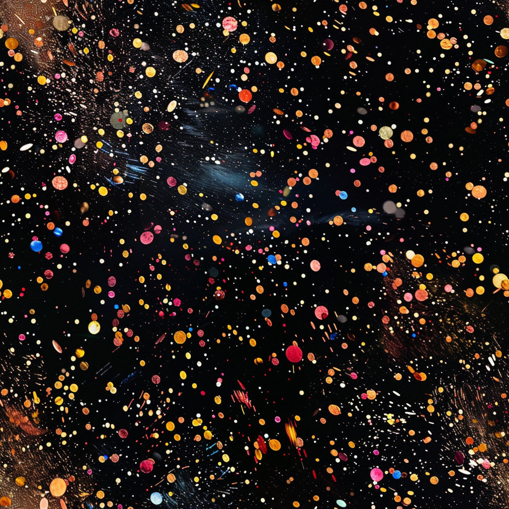 black background, paint splatter, multicolored dots, orange circles, pink spots, yellow droplets, blue accents, white speckles, red splashes, glitter effect, abstract pattern, cosmic design, space-like, scattered circles, artistic splatter, vibrant colors,, fabric panel, contemporary art, modern design