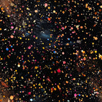 black background, paint splatter, multicolored dots, orange circles, pink spots, yellow droplets, blue accents, white speckles, red splashes, glitter effect, abstract pattern, cosmic design, space-like, scattered circles, artistic splatter, vibrant colors,, fabric panel, contemporary art, modern design