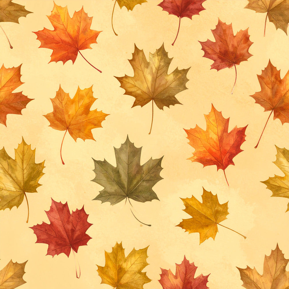 autumn leaves, fall foliage, maple leaves, seasonal, nature, harvest, golden yellow, burnt orange, deep red, warm brown, cream, warm tones, rustic, cozy, traditional, thanksgiving, autumn colors, fall colors, leaf pattern, repeating pattern, seasonal decor, fall theme, autumn theme, nostalgic, warm palette, natural elements, woodland