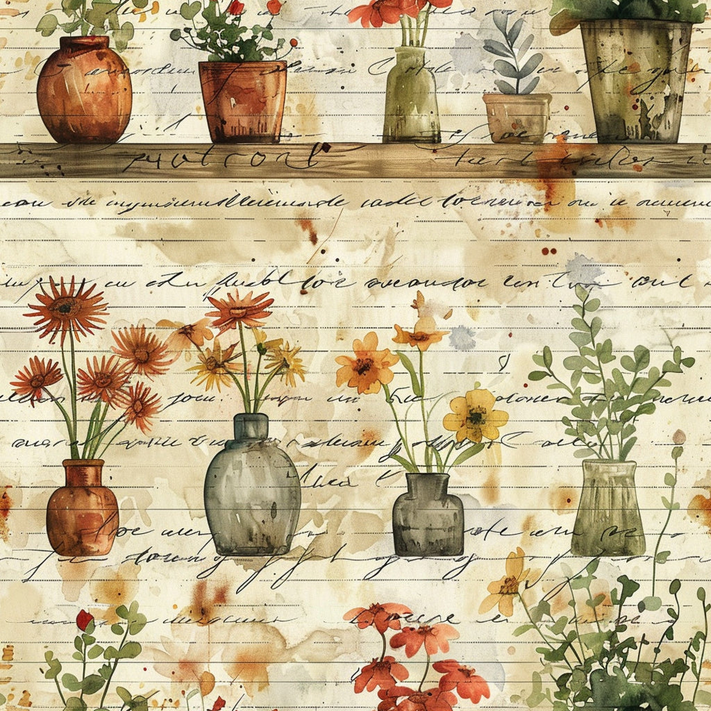 watercolor style, botanical illustration, flower vases, potted plants, vintage jars, cursive script, aged paper, neutral tones, terracotta, sage green, amber, cream background, garden flowers, wildflowers, eucalyptus leaves, cottage core,, fabric panel, rustic charm, floral arrangement