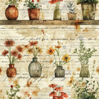 watercolor style, botanical illustration, flower vases, potted plants, vintage jars, cursive script, aged paper, neutral tones, terracotta, sage green, amber, cream background, garden flowers, wildflowers, eucalyptus leaves, cottage core,, fabric panel, rustic charm, floral arrangement