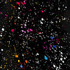 black background, paint splatter, multicolored dots, white speckles, pink splatters, yellow drops, orange paint, blue accents, red spots, purple splashes, green dots, abstract pattern, modern design, artistic style,, fabric panel, contemporary art, colorful explosion, random splatter, vibrant colors