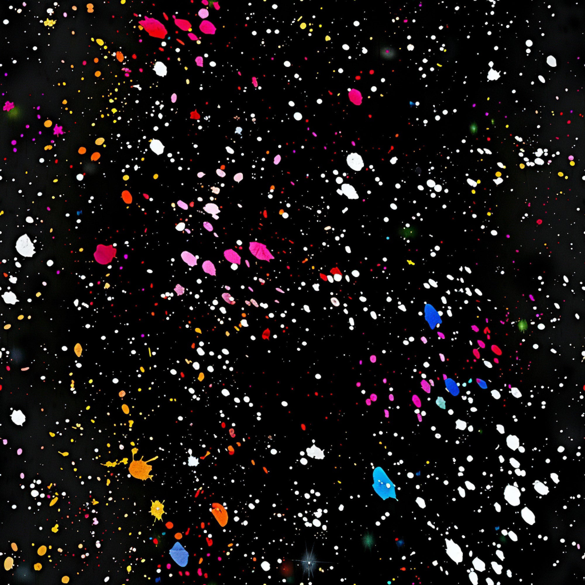 black background, paint splatter, multicolored dots, white speckles, pink splatters, yellow drops, orange paint, blue accents, red spots, purple splashes, green dots, abstract pattern, modern design, artistic style,, fabric panel, contemporary art, colorful explosion, random splatter, vibrant colors