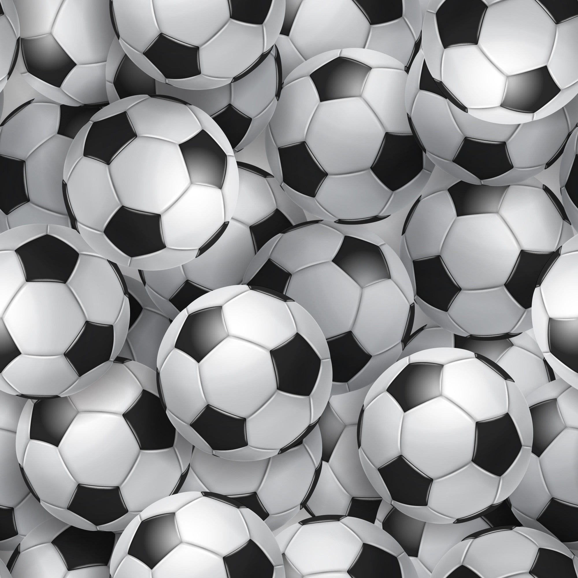 soccer balls, football pattern, black and white, realistic design, sports theme, geometric shapes, repeating pattern,, fabric panel, athletic motif, monochrome, spherical objects, pentagons, hexagons, dimensional appearance, overlapping balls, sports equipment, soccer theme, cotton fabric, craft material