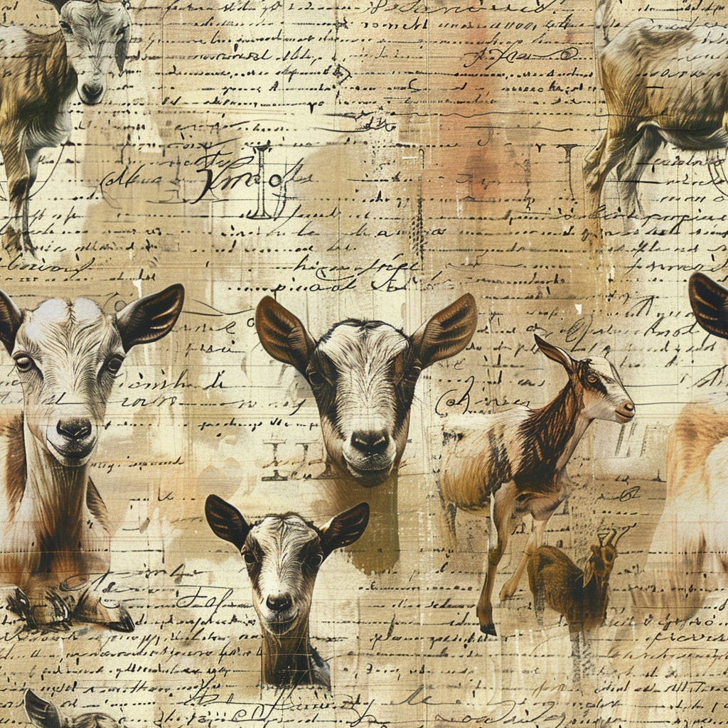 beige, cream, brown, sepia tones, goats, farm animals, vintage script, handwritten text, aged paper, rustic, pastoral, country life,, fabric panel, farmhouse style, livestock, animal portraits, weathered appearance, antique manuscript, rural theme