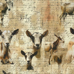 beige, cream, brown, sepia tones, goats, farm animals, vintage script, handwritten text, aged paper, rustic, pastoral, country life,, fabric panel, farmhouse style, livestock, animal portraits, weathered appearance, antique manuscript, rural theme